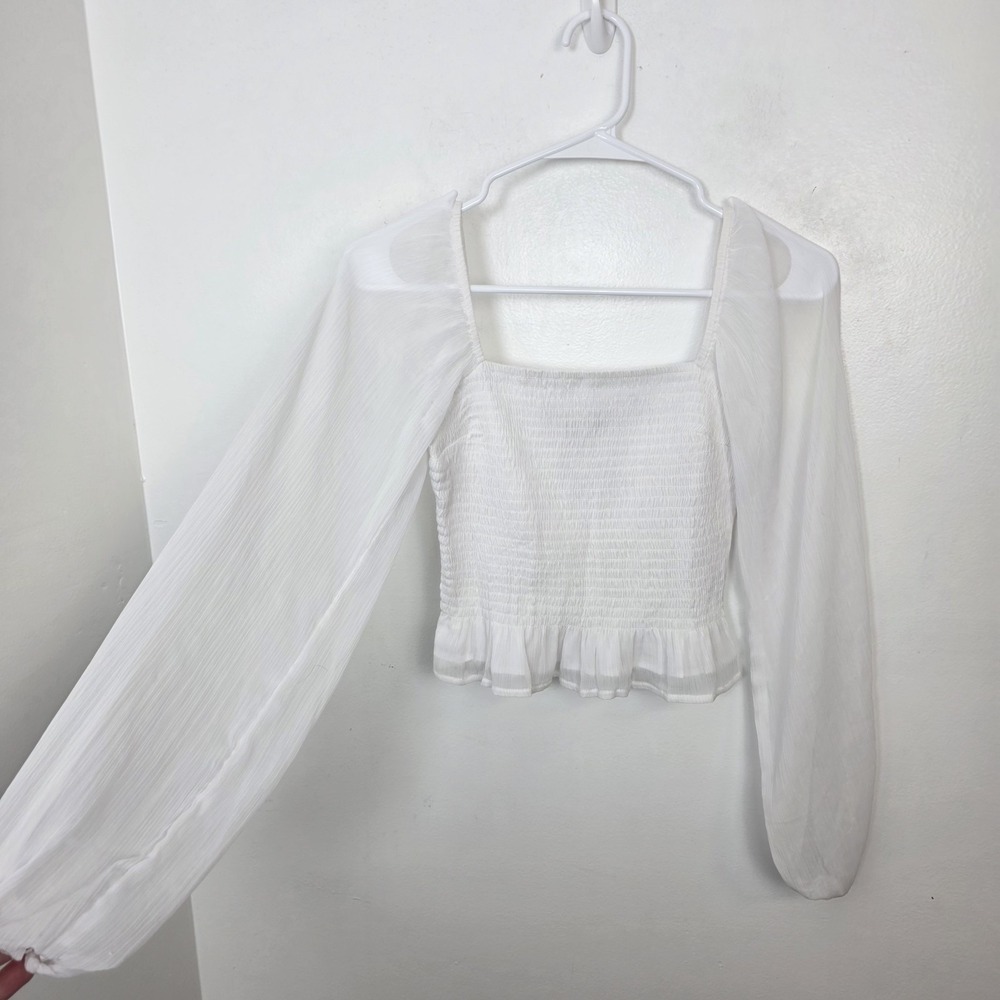 Hollister White Sheer Sleeve Ruched Feminine Angelcore Summer Blouse Size M - Picture 3 of 10